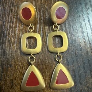 Vintage Gold Tone Red Dangle Drop Shape Earrings Triangle Square Circle Fashion